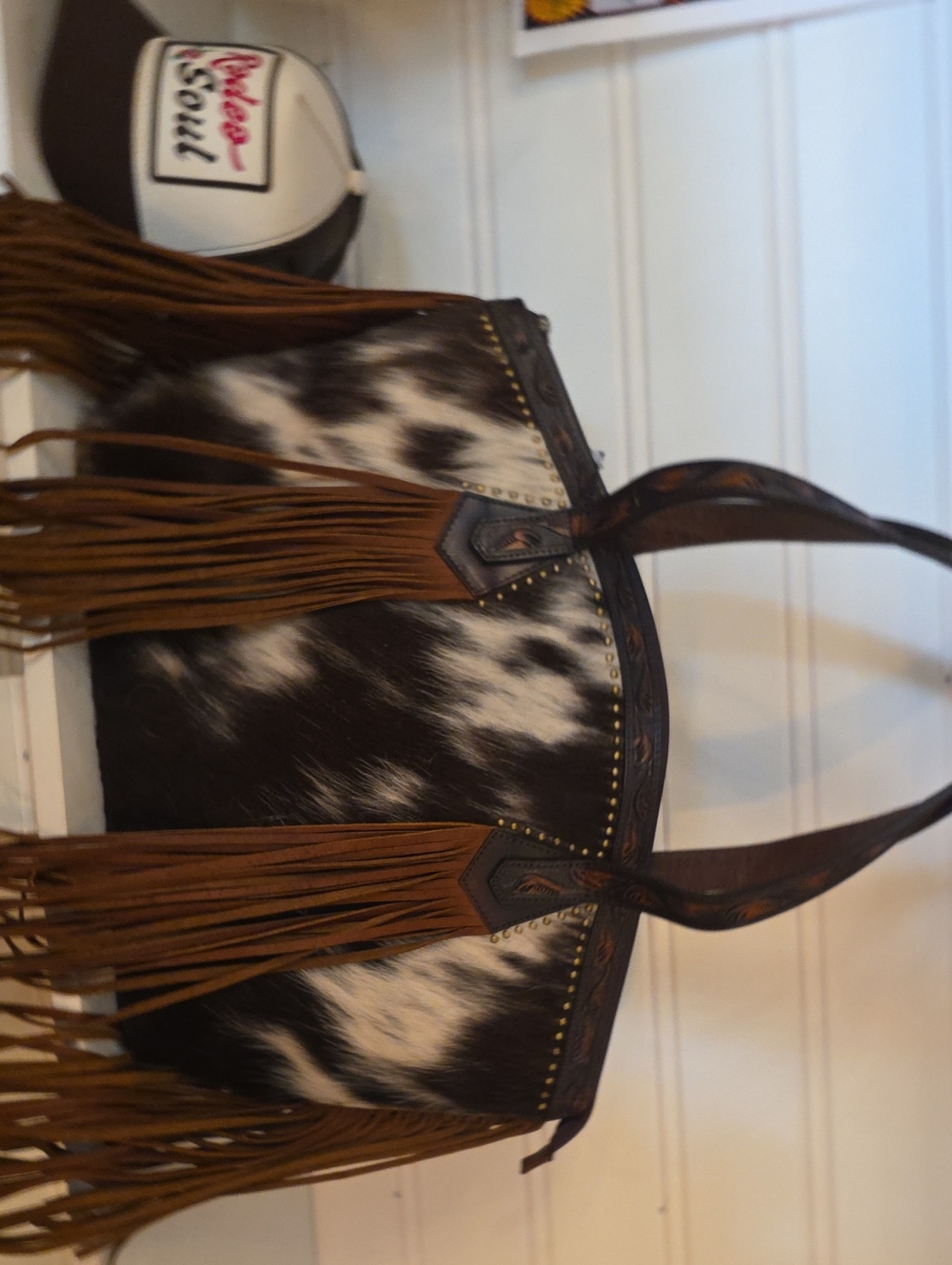 American Darling Black & White Cowhide Fringe Tote W/ Brown Accents. Hand CARVED